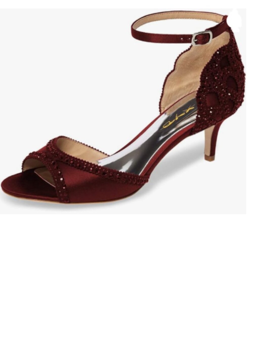XYD Wine Red Peep Toe, D'Orsay Kitten Low Heels, Rhinestone Studs Sandals